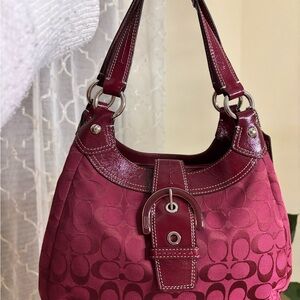 Coach Red Leather Shoulder Bag with Monogram Pattern
